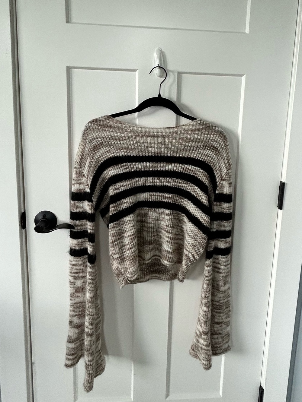 Social Collision Striped Bell-Sleeve Knit Sweater in Beige and Black